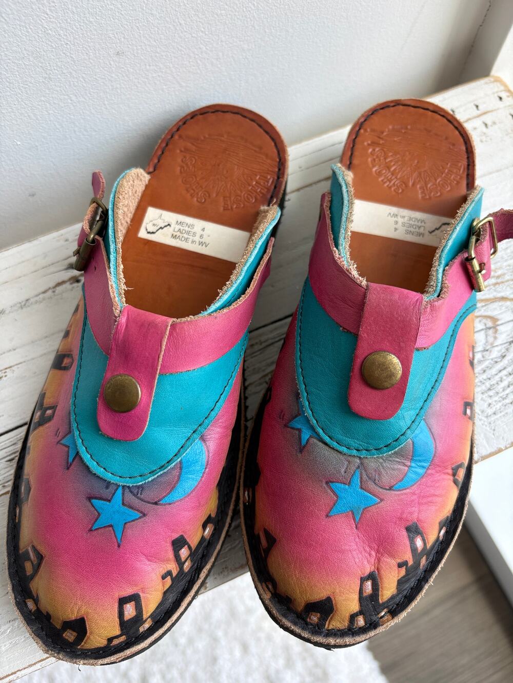 Those Shoes Hand Painted Leather Mules Womens Size 6 Made WV Wearable Art Vibram